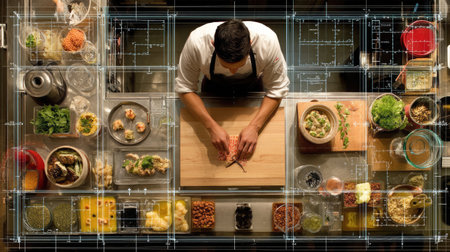 A professional chef is seen expertly preparing fresh ingredients in a modern kitchen. An innovative layout design is illustrated above, showcasing the culinary workspace's organization and creativity, reflecting a passion for gastronomy.の素材