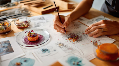 A chef expertly sketches culinary designs while preparing a gourmet dish. The workspace features intricate sketches, vibrant ingredients, and gourmet plating techniques highlighting creativity and artistry in food preparation.の素材