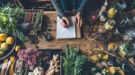 A creative workspace showcasing a person's hands writing in a notebook while surrounded by fresh herbs, vegetables, and various cooking ingredients.の素材
