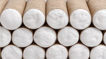 This image captures a close-up view of neatly arranged spools of cotton and natural fiber thread, showcasing texture and detail ideal for craft and textile projects.の素材