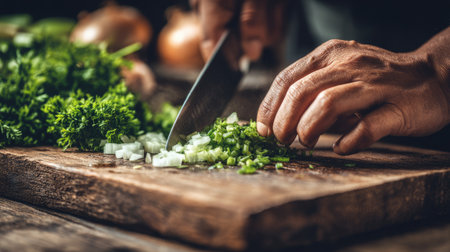 A close-up image showcasing hands skillfully chopping fresh herbs and vegetables on a wooden cutting board in a rustic kitchen environment.の素材