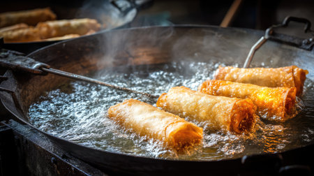 A captivating image showcasing crispy spring rolls frying in hot oil, surrounded by bubbling grease, capturing the essence of culinary artistry in a busy kitchen.の素材