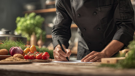 A professional chef diligently writes down a recipe in a well-equipped kitchen, surrounded by vibrant fresh ingredients and cooking tools, highlighting culinary artistry.の素材
