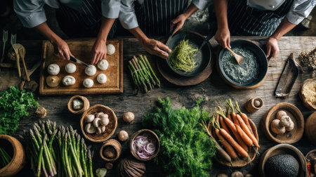 A vibrant culinary scene featuring fresh organic vegetables and chefs in action, skillfully preparing ingredients on a rustic wooden table.の素材