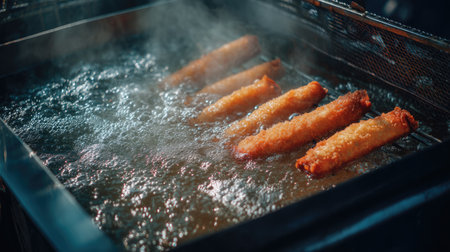 A close-up image depicting crispy fish fillets frying in bubbling hot oil, creating an appetizing and mouthwatering experience for food lovers.の素材