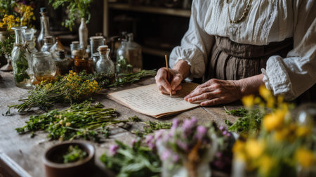 A vintage herbalist carefully writes in a rustic setting, surrounded by fresh herbs and glass bottles, capturing the essence of traditional craft and creativity.の素材