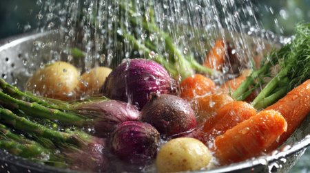 Colorful assortment of fresh vegetables being washed under a gentle stream of water in a stainless steel colander, highlighting their freshness and vibrancy.の素材