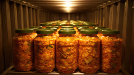 This image showcases jars of vibrant kimchi arranged on shelves in a well-lit pantry. The colorful fermentation process highlights fresh vegetables and traditional healthy ingredients.の素材