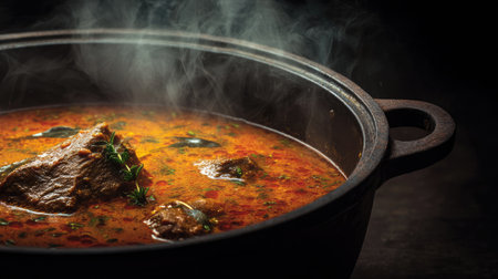 A mouthwatering homemade stew simmering in a cast iron pot, showcasing vibrant colors and steam. This dish embodies comfort and warmth.の素材