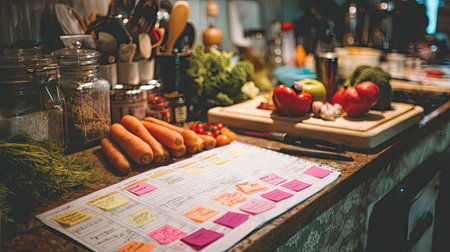 A beautifully arranged kitchen counter featuring fresh produce and a meal prep schedule, showcasing vibrant ingredients perfect for healthy cooking and organization.の素材