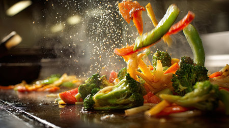 A dynamic cooking scene featuring colorful fresh vegetables stir-frying in a hot wok, with oil splashes and rising steam, capturing the essence of culinary art.の素材