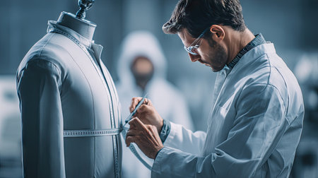 A skilled tailor focuses intently on measuring a mannequin in a fashion workshop, highlighting the precision and artistry involved in clothing design.の素材