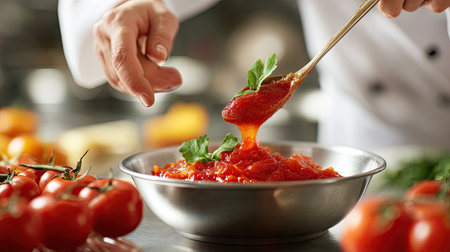 A skilled chef expertly prepares a vibrant tomato sauce in a modern kitchen, showcasing fresh ingredients and culinary craftsmanship. The stainless steel bowl highlights the bright colors of tomatoes and herbs, inspiring a delicious meal.の素材