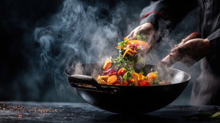 This captivating image showcases a chef skillfully stir-frying a mix of fresh vegetables in a wok, with vibrant colors and steam rising, highlighting culinary artistry.の素材