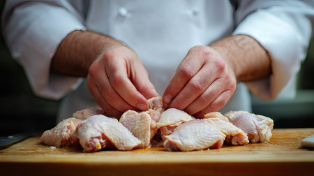 A chef skillfully prepares fresh chicken wings on a wooden cutting board, demonstrating expert technique and attention to detail in a kitchen setting.の素材