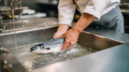 A skilled chef prepares fresh fish in a kitchen sink, highlighting the intricate culinary techniques and attention to hygiene within a vibrant kitchen setting.の素材