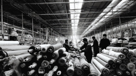 This black and white image captures workers engaged in textile production within a fabric warehouse. Rolls of fabric are organized in the spacious interior, showcasing the processes of the textile industry.の素材