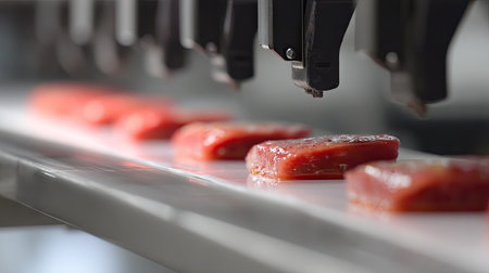 This image shows a meticulous view of fresh meat cuts being processed on an automated line, highlighting modern technology in food production.の素材
