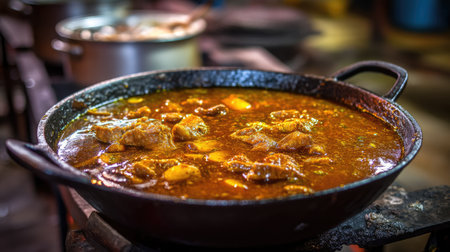 A vibrant bowl of authentic curry simmering in a traditional cast iron pot, showcasing rich flavors and aromatic spices in a rustic kitchen setting.の素材