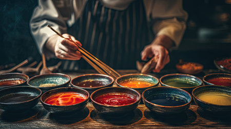 A skilled chef demonstrates the art of culinary presentation with a colorful selection of sauces displayed in elegant bowls, highlighting vibrant flavors and textures.の素材