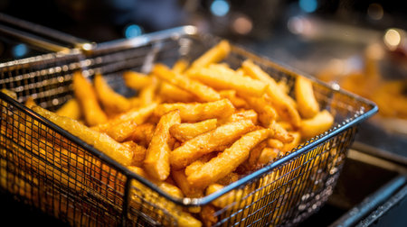 A close-up image capturing a wire basket filled with crispy golden French fries, showcasing their delicious texture and inviting appearance.の素材