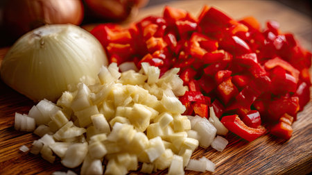A close-up view of freshly chopped onion, red bell pepper, and garlic arranged on a wooden cutting board, ideal for culinary art and food preparation.の素材