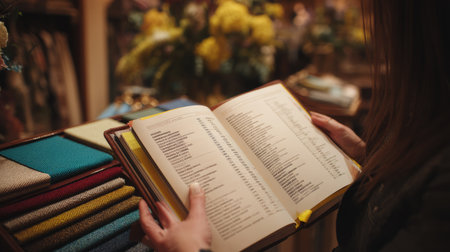 A person engages with a stylish book of color swatches, immersed in a floral ambience. The scene captures the essence of creativity and design exploration.の素材