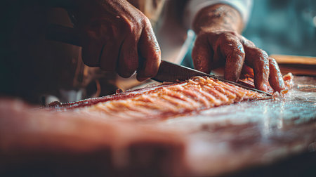 A skilled chef demonstrates expertise while preparing a fresh fish fillet in a vibrant kitchen, showcasing the art of culinary preparation and attention to detail.の素材