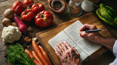 An elderly hand writes a cherished recipe in a rustic notebook while surrounded by fresh vegetables and herbs, celebrating the joy of cooking and tradition.の素材