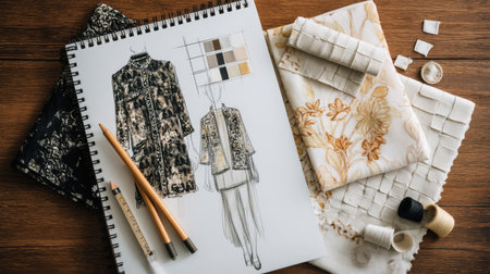 A captivating fashion design sketch showcases a unique clothing concept with a variety of elegant fabrics and a detailed color palette on a wooden table.の素材