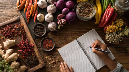 A beautiful composition featuring fresh vegetables and spices surrounding a hand writing in a notebook. The rustic wooden table enhances the organic feel.の素材