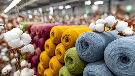 This vibrant image captures an organized display of colorful yarn rolls in a modern textile facility, highlighting the natural beauty of cotton alongside the creative spirit of manufacturing.の素材