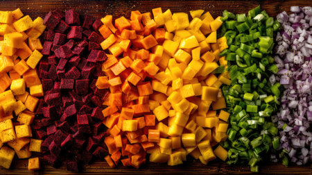 An inviting display of freshly chopped vegetables arranged in a rainbow pattern, ideal for healthy cooking and meal preparation. Perfect for food enthusiasts.の素材