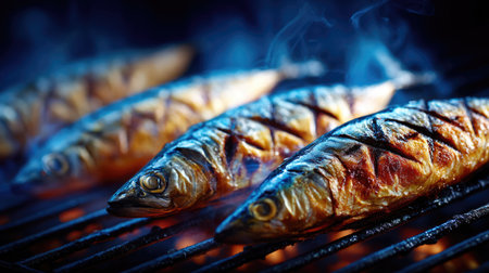 Succulent grilled fish on a barbecue, showcasing its charred texture and smoky aroma. Perfect for food lovers seeking delicious meal ideas.の素材