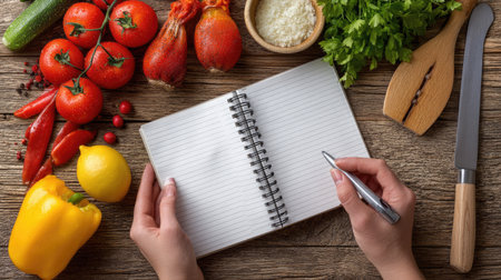 A vibrant scene capturing fresh vegetables and herbs complemented by a blank notebook and pen. Perfect for culinary inspiration and meal planning.の素材