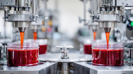 This image depicts an automated production line designed for filling jars with a vibrant red liquid, highlighting modern food processing technology.の素材