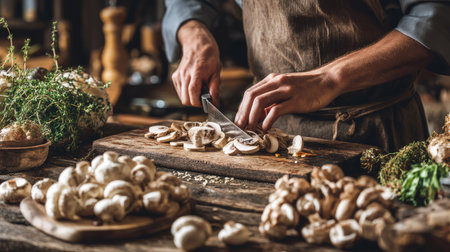 High-quality image of a chef skillfully slicing fresh mushrooms on a wooden cutting board, surrounded by herbs and other natural ingredients in a cozy kitchen, showcasing culinary art and passion for cooking.の素材