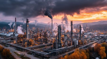 A stunning aerial view of an industrial refinery at dusk, showcasing smokestacks, machinery, and the surrounding mountainous landscape, with smoke rising into the colorful sky.の素材