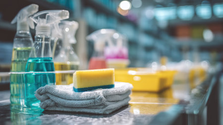 A vibrant and organized display of cleaning supplies featuring various bottles, sponges, and towels on a shiny table surface in a bright environment.の素材