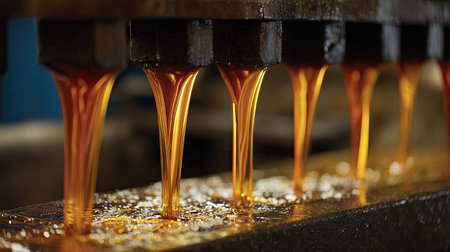 This image captures the dynamic process of hot liquid metal being poured from industrial machinery in a manufacturing facility, showcasing craftsmanship and technology.の素材