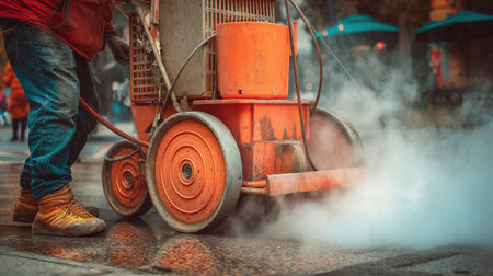 A heavy-duty cleaning machine is actively steaming and cleansing a city street in an urban environment, showcasing industrial cleanup efforts.の素材