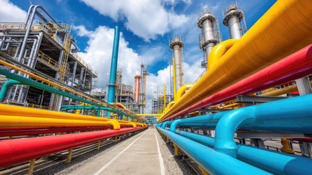 A vibrant view of a modern oil refinery showcasing colorful pipelines and complex structures under a dynamic sky, capturing industrial energy and technology.の素材