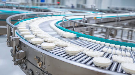This image showcases a modern dairy production line featuring fresh cheese curds moving along a conveyor belt in a hygienic environment, emphasizing automation and efficiency.の素材