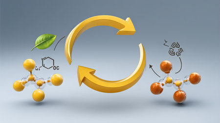 This image showcases a dynamic chemical transformation between two molecules, incorporating a green leaf and a recycling symbol, emphasizing sustainability and eco-friendly practices in science.の素材