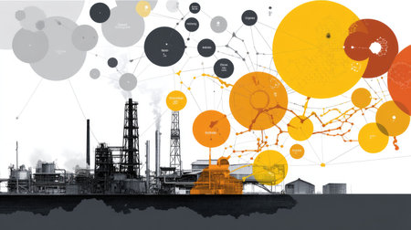 This visually striking image features an industrial landscape with a factory backdrop combined with colorful abstract data visualizations. The contrast of colors and graphical elements effectively represents the intersection of industry and technology.の素材