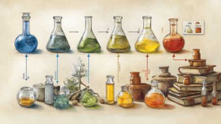 This artistic illustration showcases a variety of laboratory glassware filled with colorful chemical solutions and herbs, ideal for educational purposes.の素材