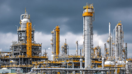 A modern industrial oil refinery showcases extensive machinery, smoke stacks, and intricate piping against a dramatic cloudy sky, highlighting energy production.の素材