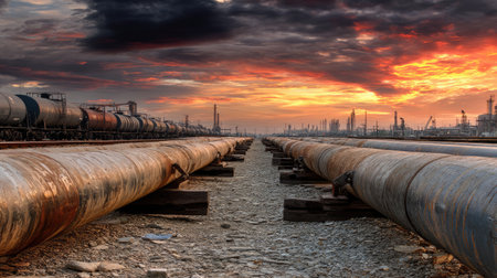 An expansive view of metal pipelines stretching across an industrial landscape at sunset, highlighting machinery amid a colorful sky, ideal for energy themes.の素材
