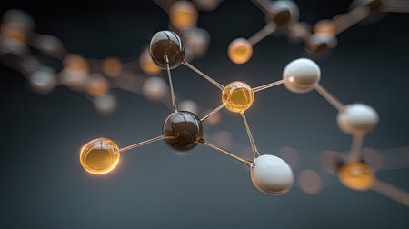 This image showcases a striking abstract representation of molecular structures, highlighting colorful atoms and their connections against a dark background.の素材