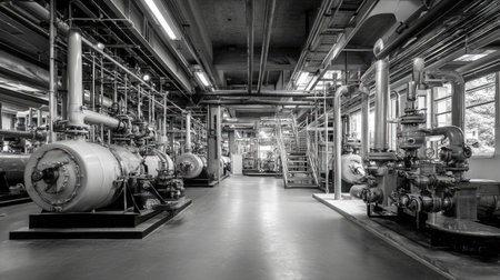 This black and white image showcases a spacious industrial factory filled with various types of machinery and piping systems, emphasizing a modern operational environment.の素材